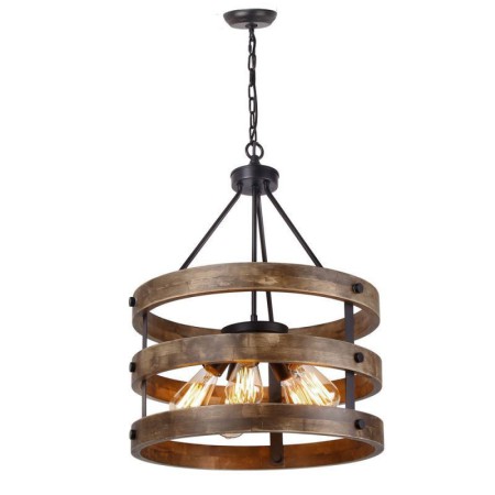 5 Light Cage Shade Light Fixture Living Room Kitchen Retro Circular Wood Pendant Lamp