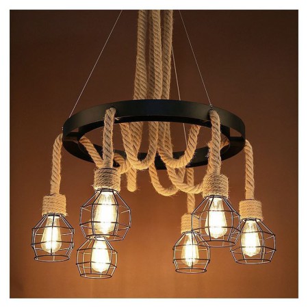 Retro 6 Light Hemp Rope Pendant Chandelier With Iron Lamphade