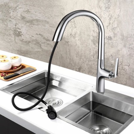 Unique Hidden Pull-Out Function Tap Chrome/Black/Black+Gold Curved Brass Pull-Out Kitchen Faucet