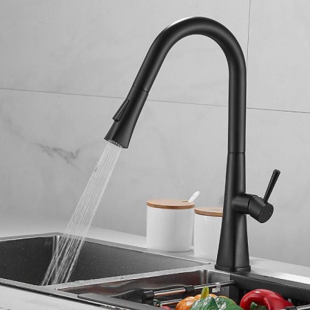 Pull-Out Kitchen Faucet Black Brass Rotatable Spout Tap