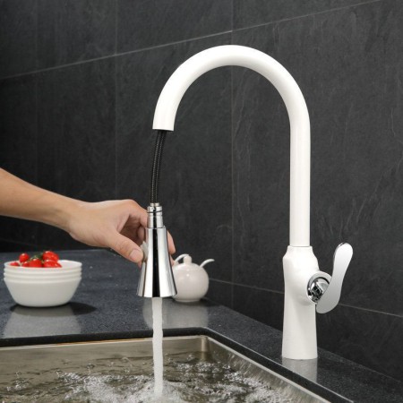 Stoving Varnish White Pull Down Kitchen Faucet Single Handle Pull Out Tap