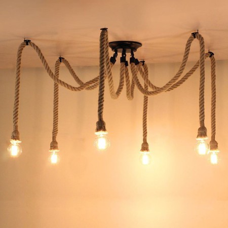 Hemp Rope Chandelier Vintage Ceiling Light Retro Style 6/10 Heads Pendant Light