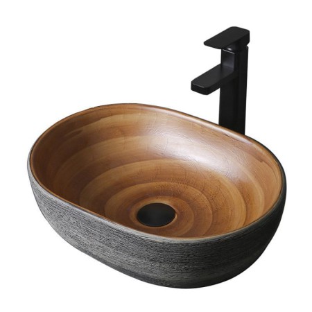 Unique Imitation Wood Grain Basin Oval Ceramic Bathroom Wash Basin