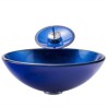 Contemporary Blue Basin Foil Covered Tempered Glass Round Vessel Sink with Waterfall Faucet