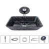 Black Spiral Pattern Basin Bathroom Countertop Waterfall Vessel Sink Tap Rectangle Glass Sink and Faucet Set