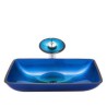 Blue Tempered Glass Basin Rectangular Vessel Sink for Bathroom with Waterfall Faucet