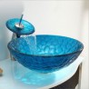 Set of Mediterranean Blue Round Tempered Glass Sink and Waterfall Faucet in Mediterranean Blue