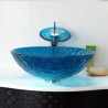 Set of Mediterranean Blue Round Tempered Glass Sink and Waterfall Faucet in Mediterranean Blue