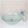 Vessel Sink in Frosted Round Tempered Glass with Waterfall Faucet, Mounting Ring, and Water Drain