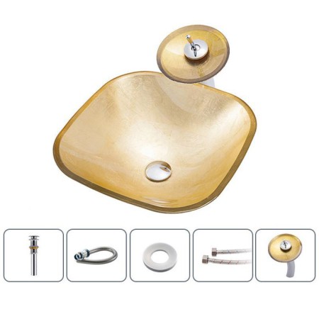 Gold Color Glass Basin Bathroom Countertop Waterfall Vessel Sink Tap Square Sink and Faucet Set