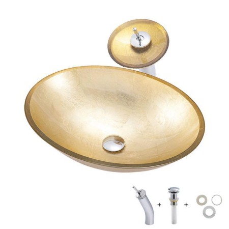 Gold Ingot Shape Tempered Glass Bathroom Countertop Waterfall Vessel Sink Tap Basin Sink and Faucet Set