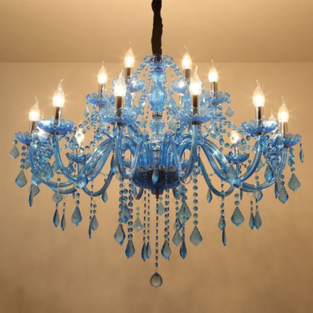 Esthetic Hotel Living Room Large Crystal Chandelier European Pendant Light Blue Color