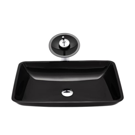 Black Rectangle Bathroom Basin Waterfall Tap Sink Tempered Glass Sink and Faucet Set