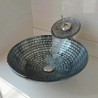 Tempered glass sink and faucet set with a brick pattern vessel basin and a waterfall tap