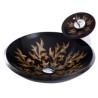 Waterfall Faucet with Modern Tempered Glass Basin Flower Pattern Round Vessel Sink