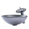 Waterfall Faucet with Modern Hand-drawing Basin Round Tempered Glass Bathroom Sink