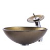 Waterfall Faucet on a Contemporary Round Basin Foil Covered Tempered Glass Bathroom Sink