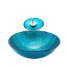 Blue Color Basin Bathroom Countertop Waterfall Vessel Sink Tap Round Sink and Faucet Set