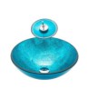 Blue Color Basin Bathroom Countertop Waterfall Vessel Sink Tap Round Sink and Faucet Set