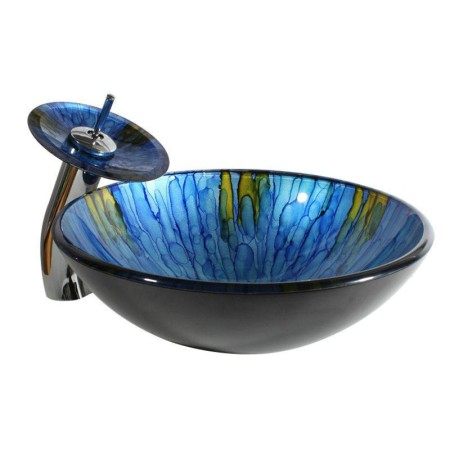 Faucet Set with Modern Fashion Round Blue Tempered Glass Basin Mounting Ring