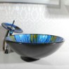 Faucet Set with Modern Fashion Round Blue Tempered Glass Basin Mounting Ring