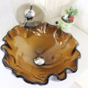 Waterfall Faucet Water Drain Mounting Ring Modern Round Wave Rim Brown Tempered Glass Sink and Faucet Sets