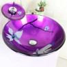 Waterfall Faucet Water Drain Mounting Ring Modern Round Floral Pattern Tempered Glass Sink and Faucet Sets