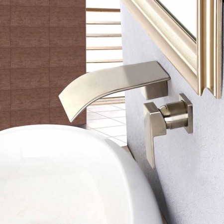 Wall Mount Curved Waterfall Sink Faucet Brushed Nickel Bathroom Sink Tap