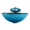 Modern Tempered Glass Bathroom Sink with Blue Round Basin and Waterfall Faucet