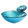 Modern Tempered Glass Bathroom Sink with Blue Round Basin and Waterfall Faucet