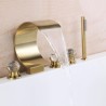 Golden Brass Curved Waterfall Spout Tub Filler with Handheld Sprayer Split Bathtub Faucet