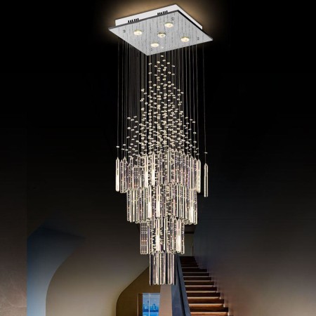 For Duplex Stairs, Modern Square Crystal Chandelier Contemporary Elegant Ceiling Light Fixture