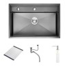 Single Bowl Invisible Kitchen Sink Black Titanium Technology with Liftable Faucet in Stainless Steel Black Kitchen Sink